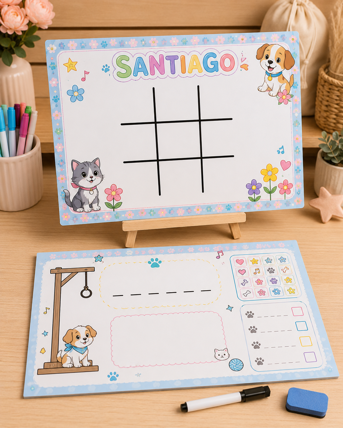 Pizarrón personalizado de actividades infantiles con nombre y temática decorativa