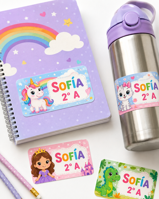Etiquetas rectangulares personalizadas con nombre y personaje para útiles escolares
