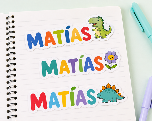 Etiqueta silueta personalizada con nombre en colores para útiles escolares