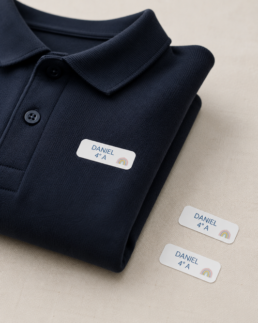 Etiqueta textil personalizada para marcar uniforme escolar con plancha