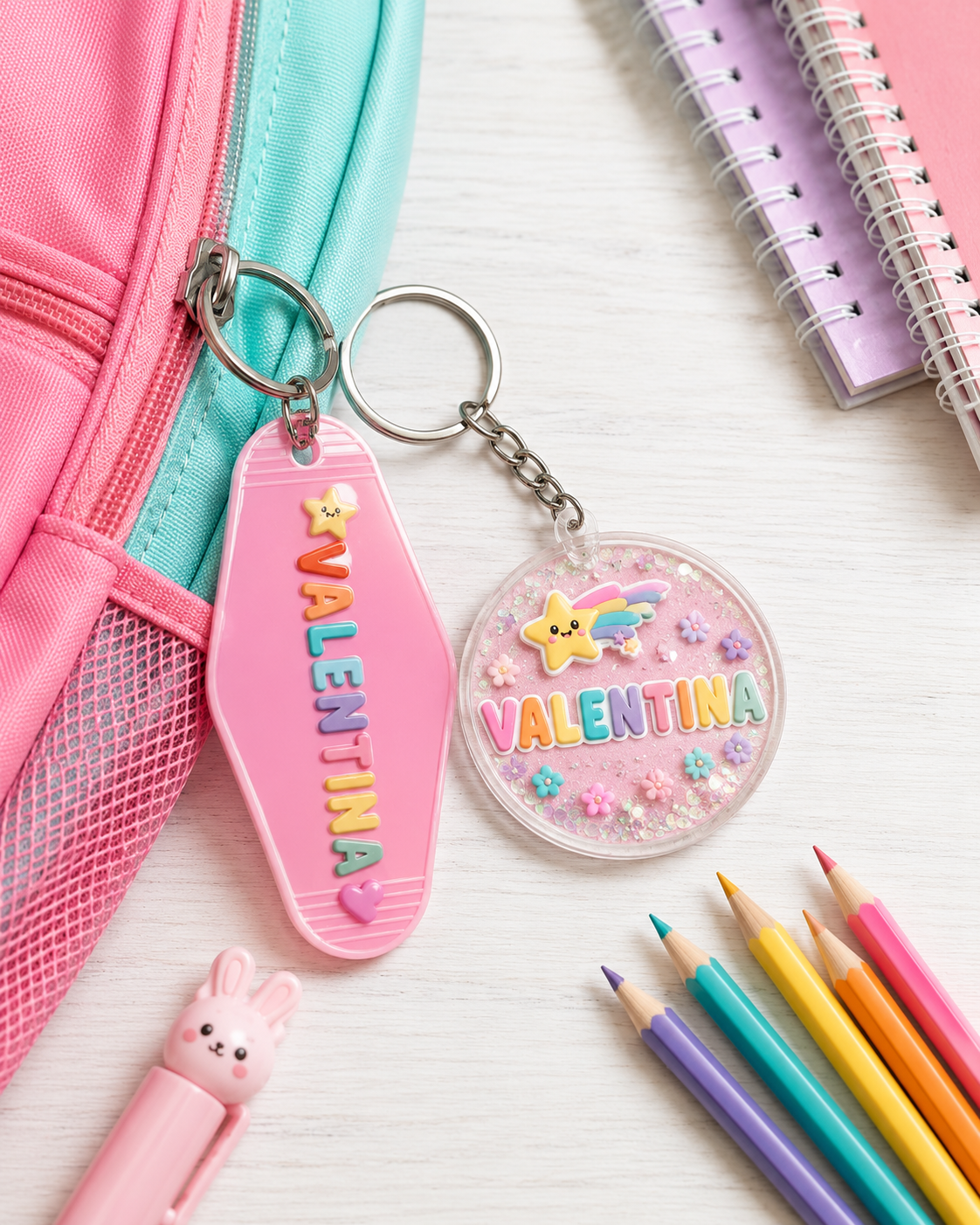 Llavero personalizado con nombre para mochila y lonchera de regreso a clases
