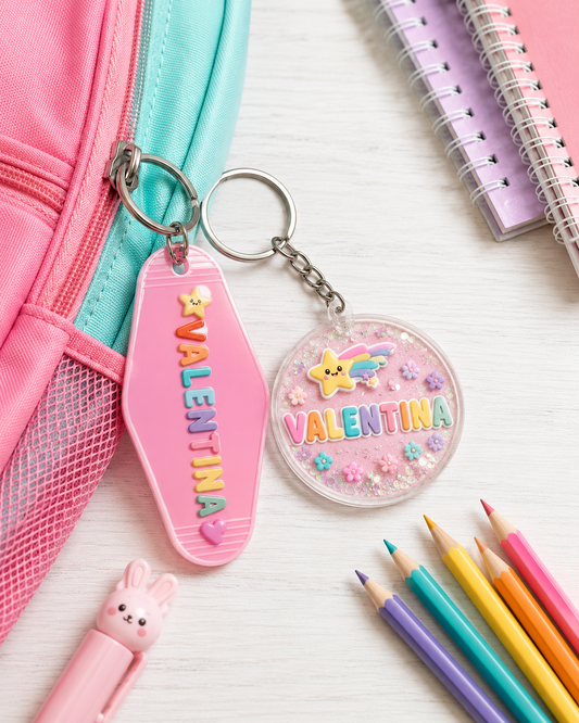 Llavero personalizado con nombre para mochila y lonchera de regreso a clases