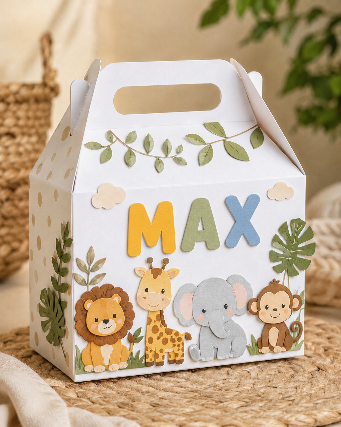 Cajita personalizada con nombre y temática de arcoíris para fiesta infantil
