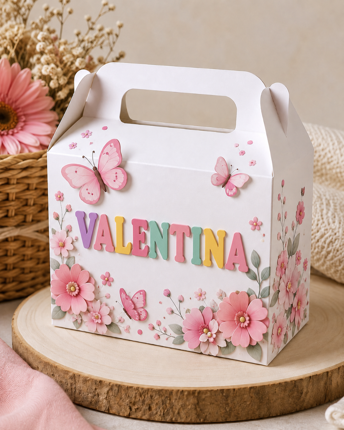Cajita personalizada con nombre y temática de arcoíris para fiesta infantil